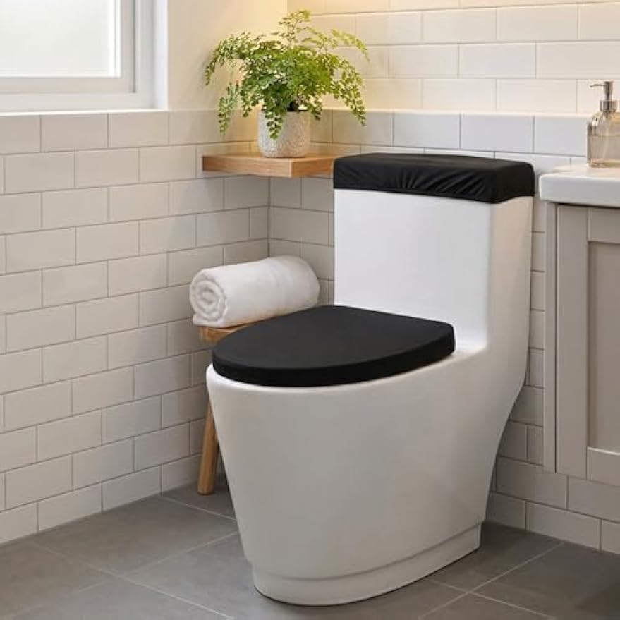Larrel Black Toilet Lid Cover and Toilet Tank Lid Cover Set, Stretch Washable Polyester Toilet-Seat Covers, Universal Toilet-Cover Set for Most Toilets Tanks & Lids, Bathroom Decor Accessories