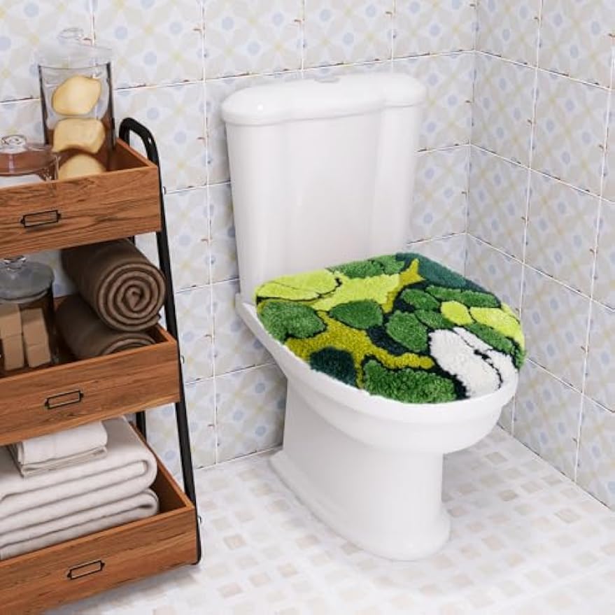 FYSUIMU Green Moss Toilet Seat Cover Soft Absorbent Plush Tufted Toilet Lid Cover Adjustable Washable Rubber Backing Covers for Luxury Home Hotel Bathroom Decoration