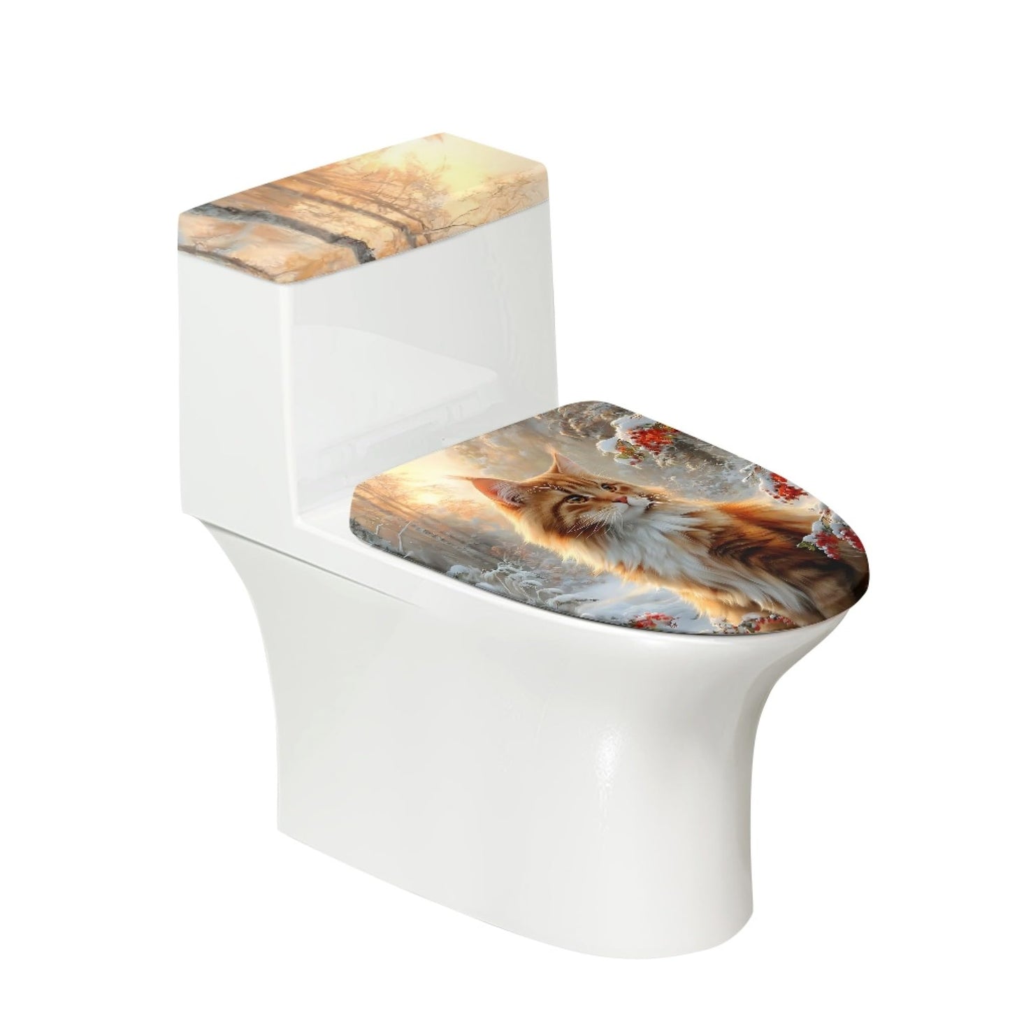 Set of 2 Cute Cat Velvet Toilet Lid Tank Cover Soft Decor Beige Brown