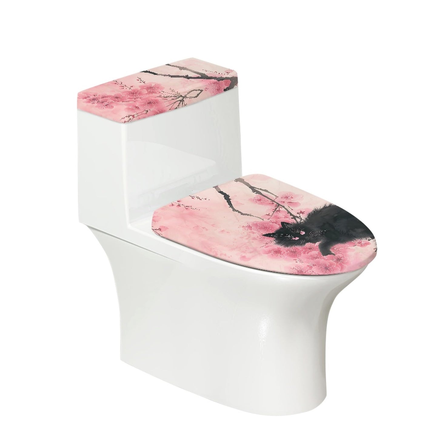 Set of 2 Cat Print Toilet Lid Tank Cover Soft Plush Set grey white