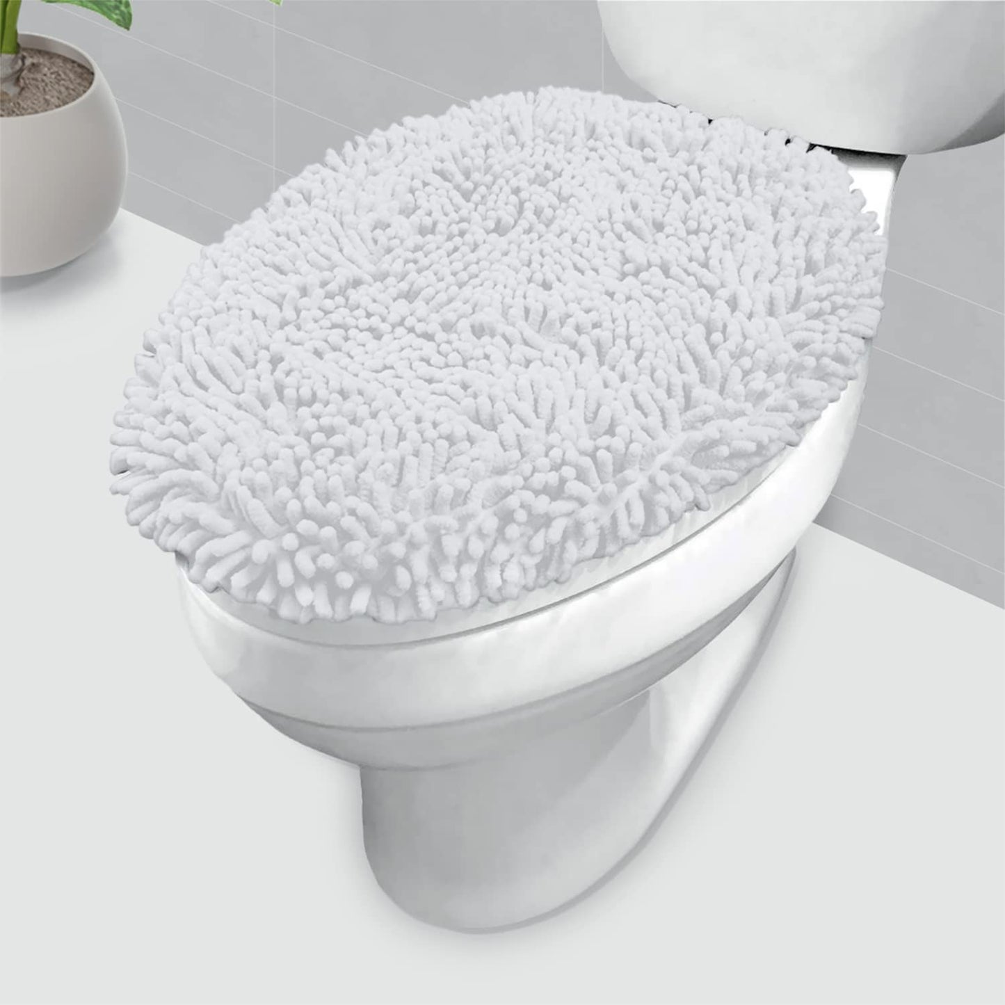LuxUrux Premium Chenille Microfiber Toilet Lid Cover, Soft Plush Toilet Seat Cover Set for Bathroom, Non-Slip Stretch Fit, Machine Washable, Fits Standard & Elongated Toilet Seat Lid (Light Gray)