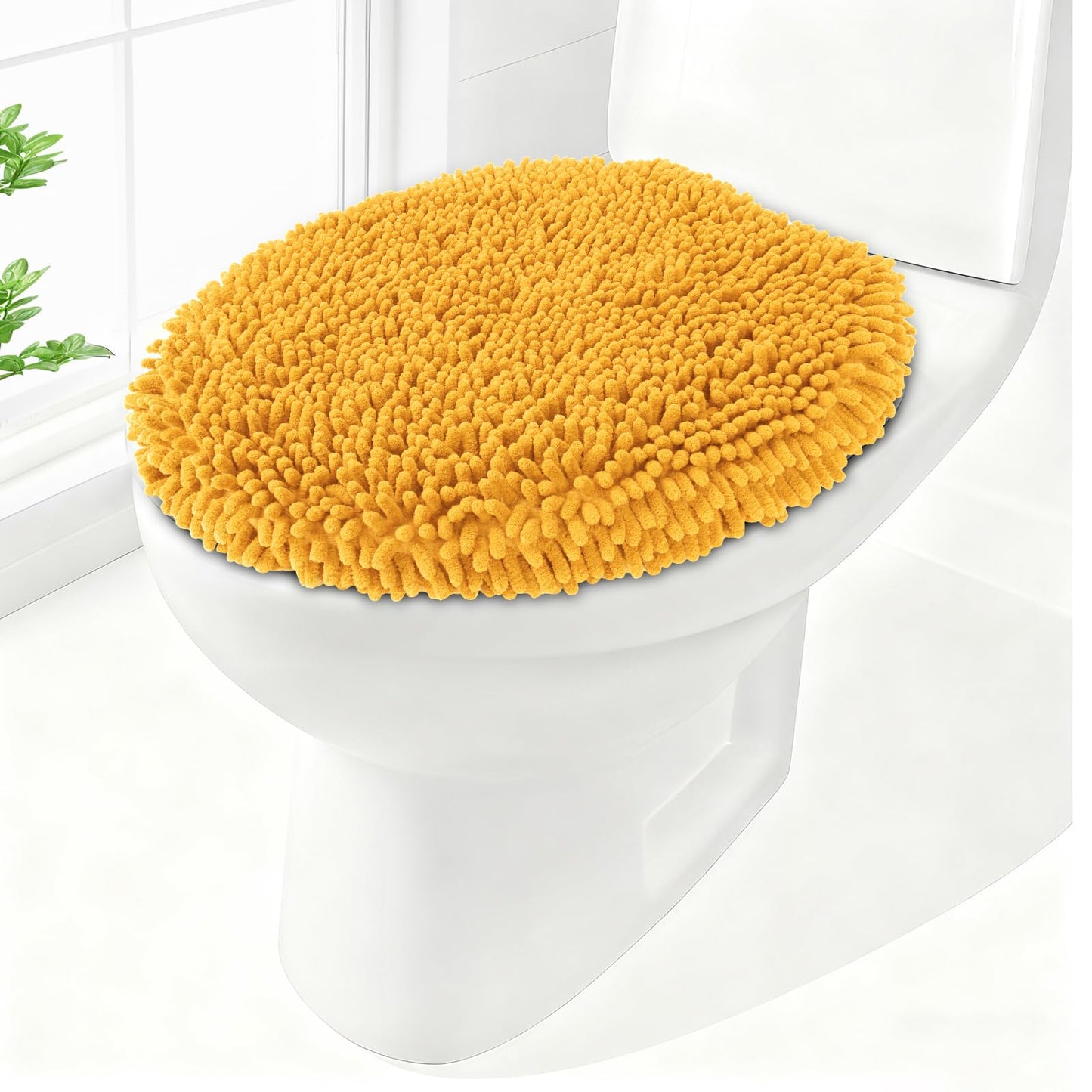 Soft Chenille Toilet Lid Cover 19.5L x 18.5W Machine Washable | Toilet Seat Cover Adjustable Rubber Backing Fits Most Round Elongated and Oblong Lids