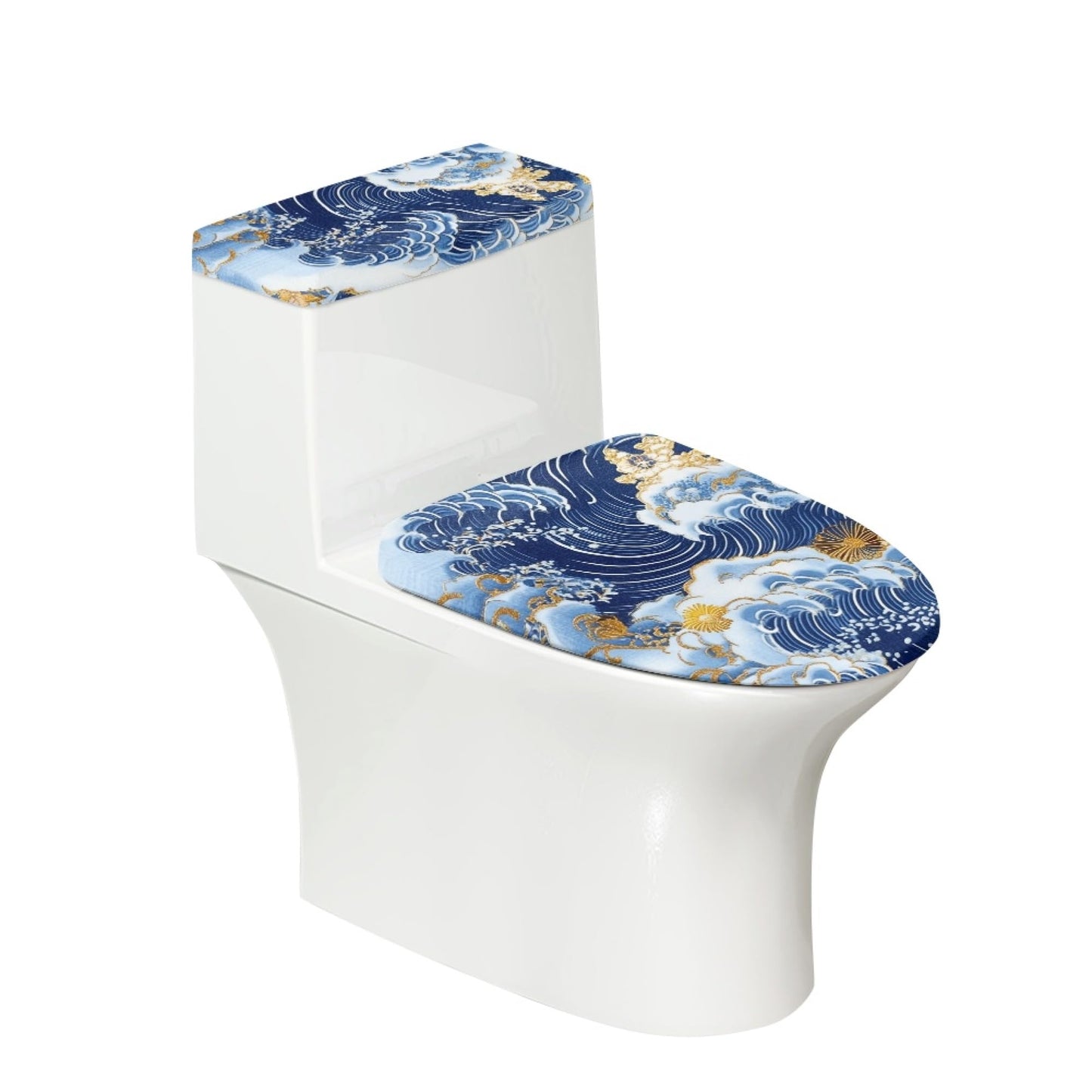 Set of 2 Japanese Waves Fish Toilet Lid Tank Cover Plush Navy White
