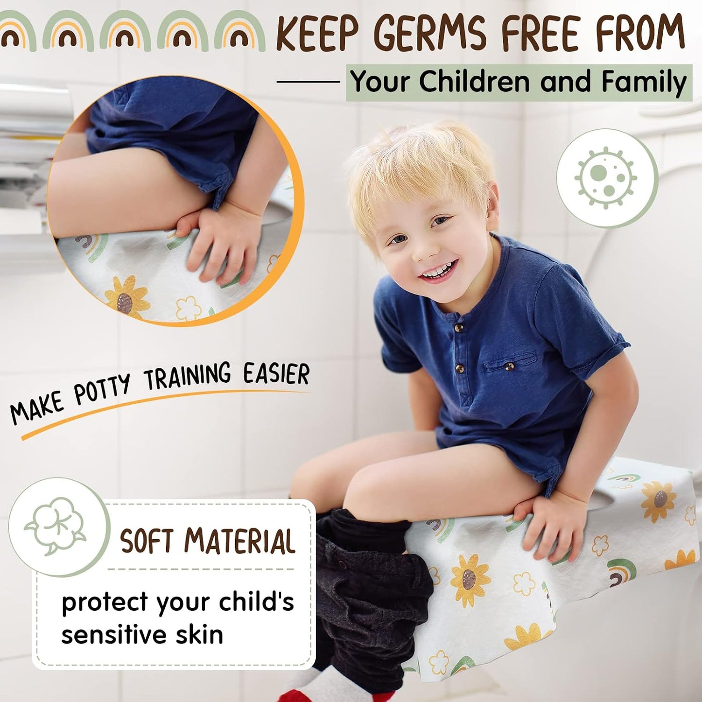 Shimeyao 50 Packs Disposable Toilet Seat Covers Extra Large Individually Wrapped for Kids Adults, Portable Non Slip Waterproof Potty Seat Covers for Toddlers Potty Training Travel(Flowers, Rainbow)
