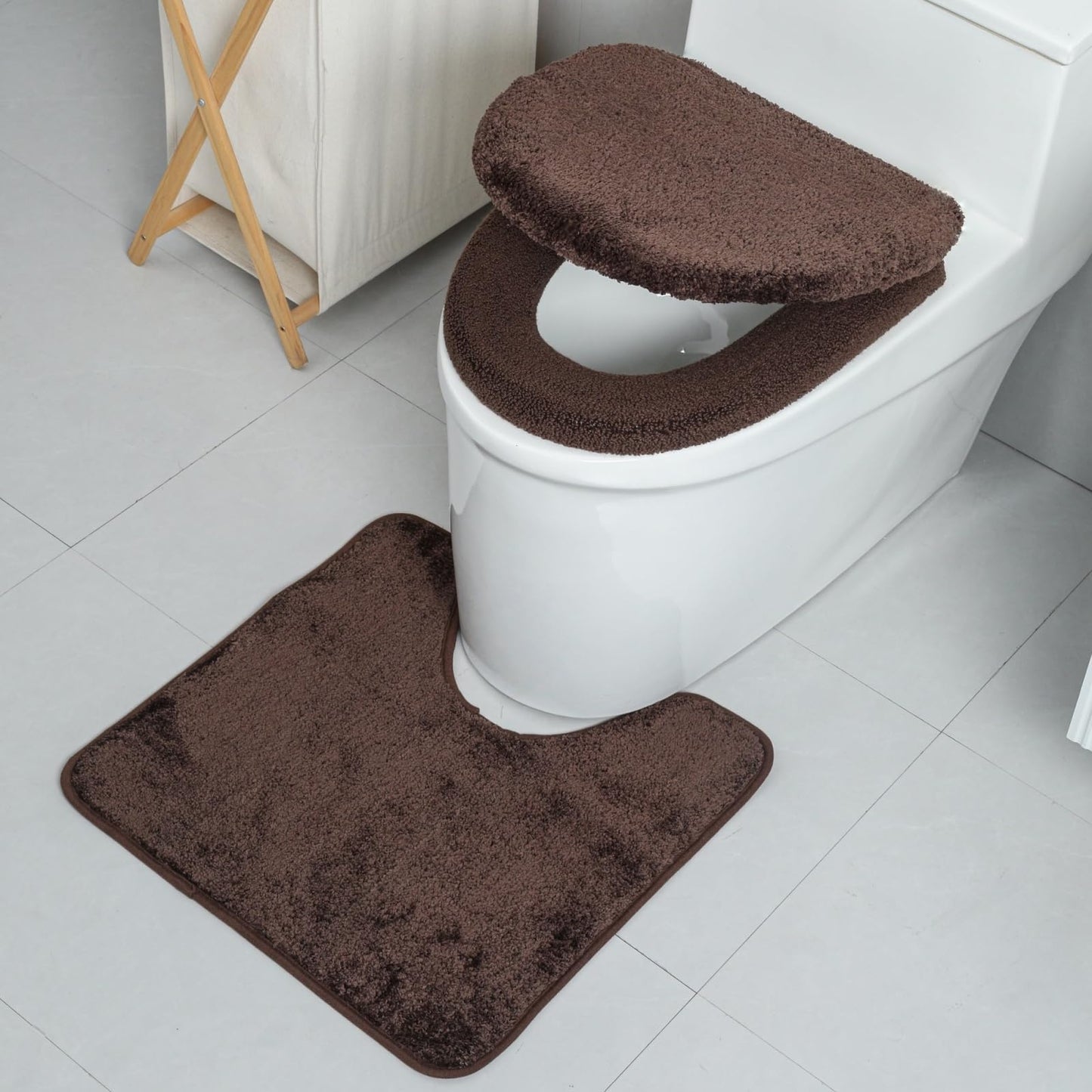 3piece Toilet Seat Cover Set - Toilet Seat Cover +Toilet Lid Cover + toilet rugs u shaped washable, Fits Most Elongated Round and Oblong Toilet(Machine Washable,Quick-Dry) brown