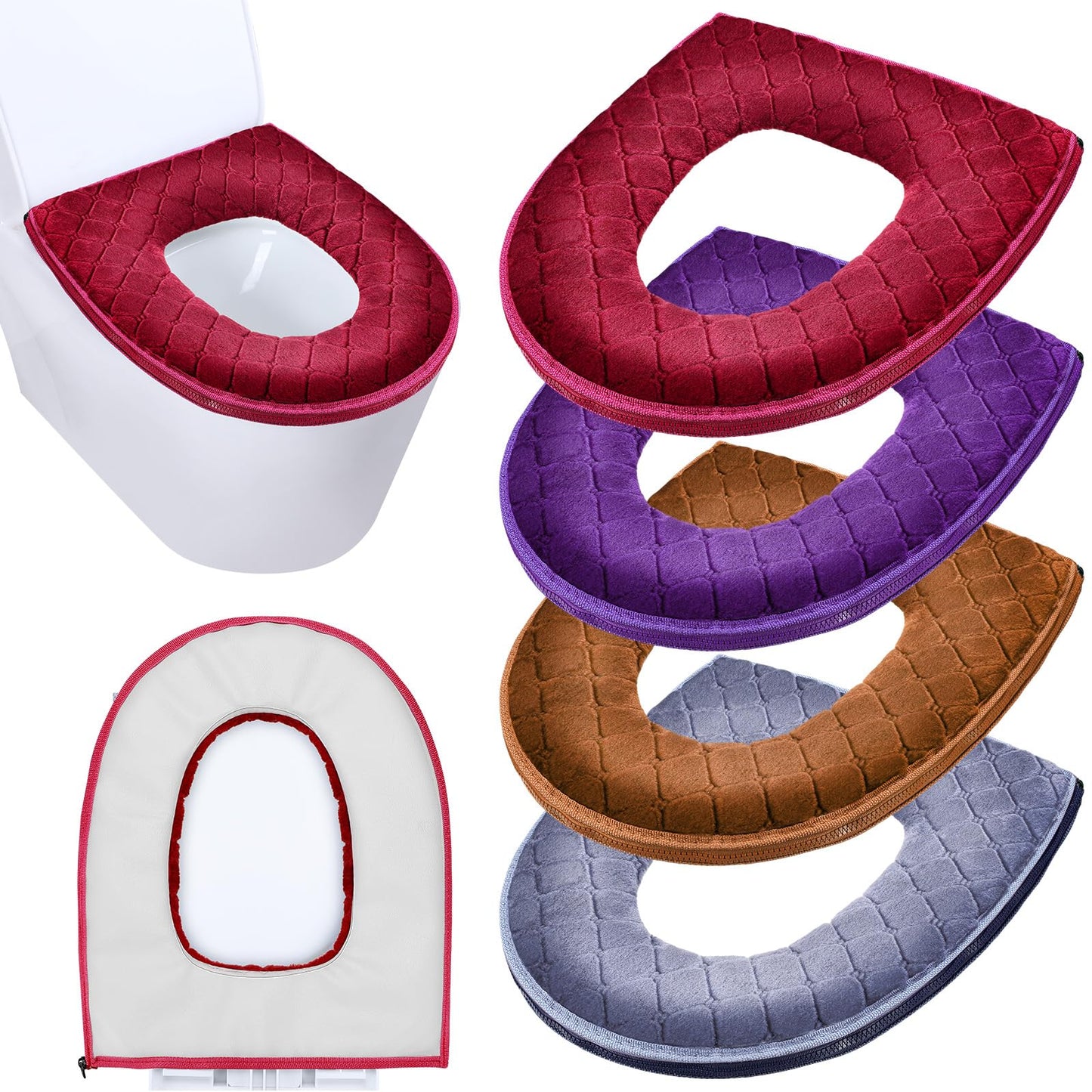 Riakrum 4 Pcs Toilet Seat Covers Warmer,Modern,Gray, Violet, Red, Brown | Comfortable Toilet Seat Cushion Cover, Soft Thicker Warmer Washable Pad with Zipper, Home Reusable Bulk