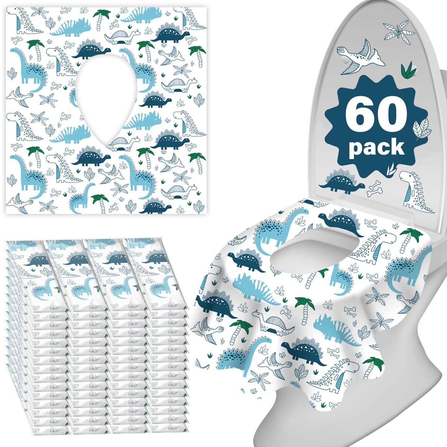 60 Pack Toilet Seat Covers Disposable, Extra Large Waterproof Toilet Cover for Toddlers & Adults, Individually Wrapped Travel Essential Portable Potty Training in Public Restrooms, Trip - Rainbow
