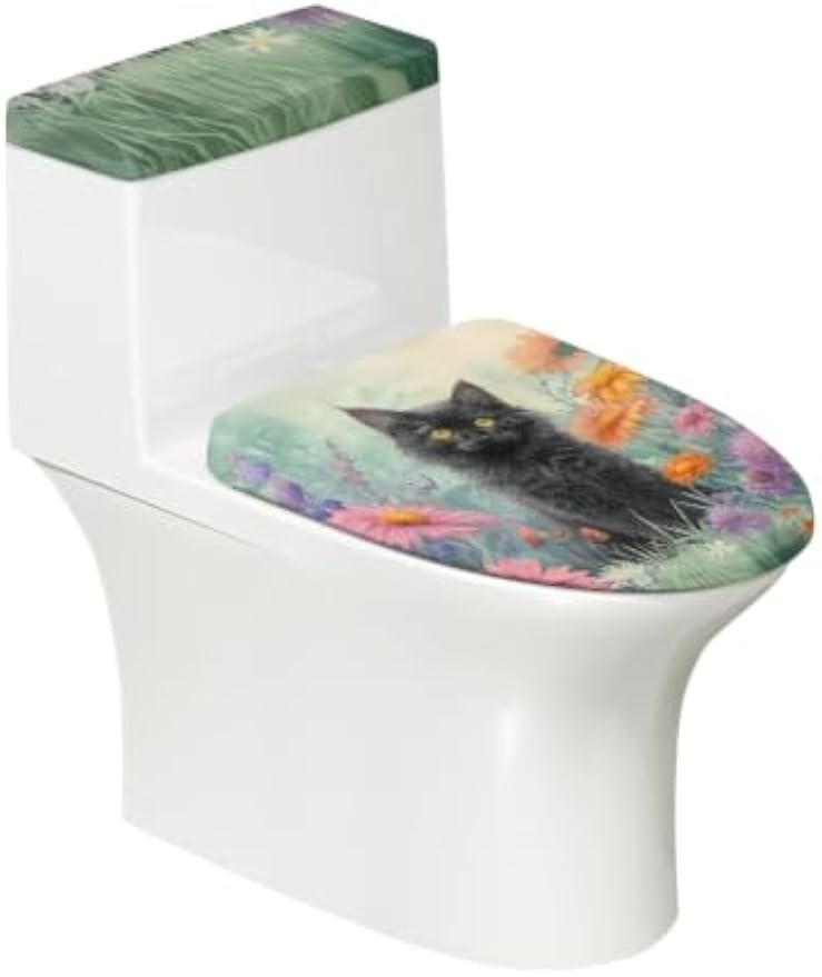 Set of 2 Cute Cat Velvet Toilet Lid Tank Cover Soft Decor Yellow Brown