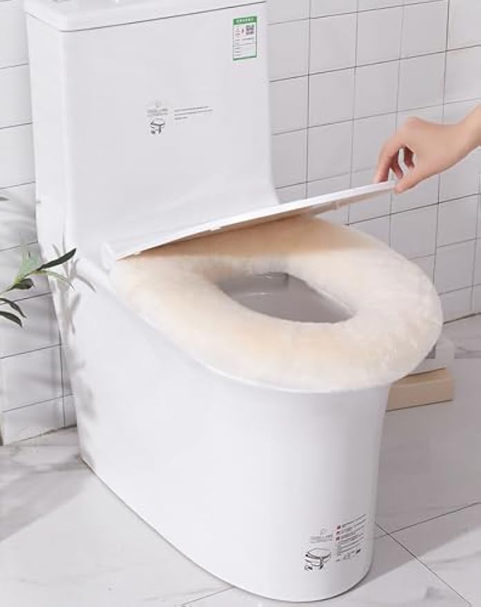 U&M Genuine Sheepskin Toilet Seat Cover Bathroom Soft Warm Reusable Real Fur Wool Toilet Seat Pads Easy Installation& Care