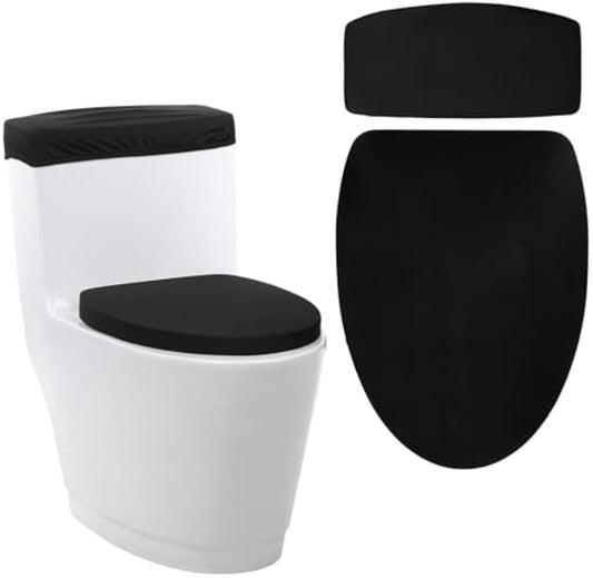 Larrel Black Toilet Lid Cover and Toilet Tank Lid Cover Set, Stretch Washable Polyester Toilet-Seat Covers, Universal Toilet-Cover Set for Most Toilets Tanks & Lids, Bathroom Decor Accessories
