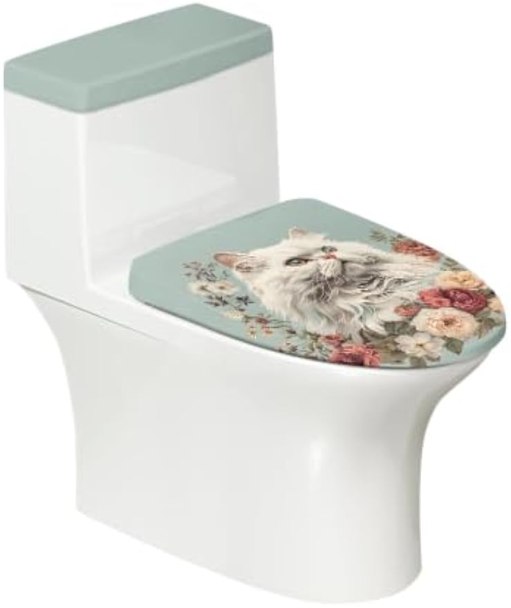 Set of 2 Cute Cat Velvet Toilet Lid Tank Cover Soft Decor Beige Brown