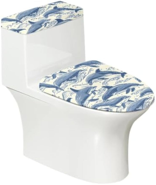 Set of 2 Japanese Waves Fish Toilet Lid Tank Cover Plush Navy White