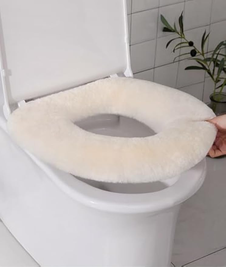 U&M Genuine Sheepskin Toilet Seat Cover Bathroom Soft Warm Reusable Real Fur Wool Toilet Seat Pads Easy Installation& Care