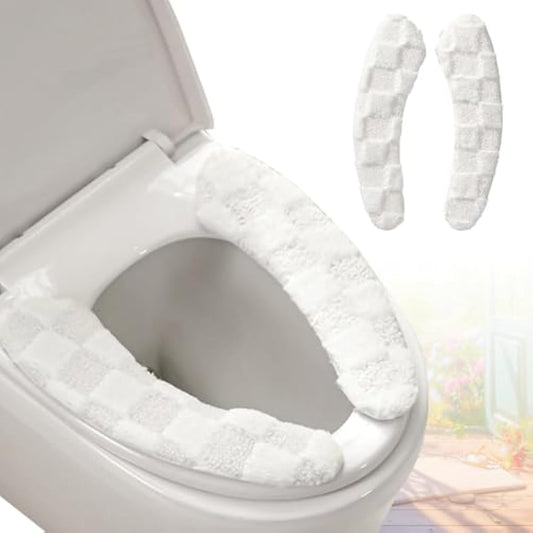 Thick and Warm Plush Toilet Seat Cover – Washable, Reusable Cushion with TPR Adhesive & Checkered Pattern for Comfort & Insulation (White)
