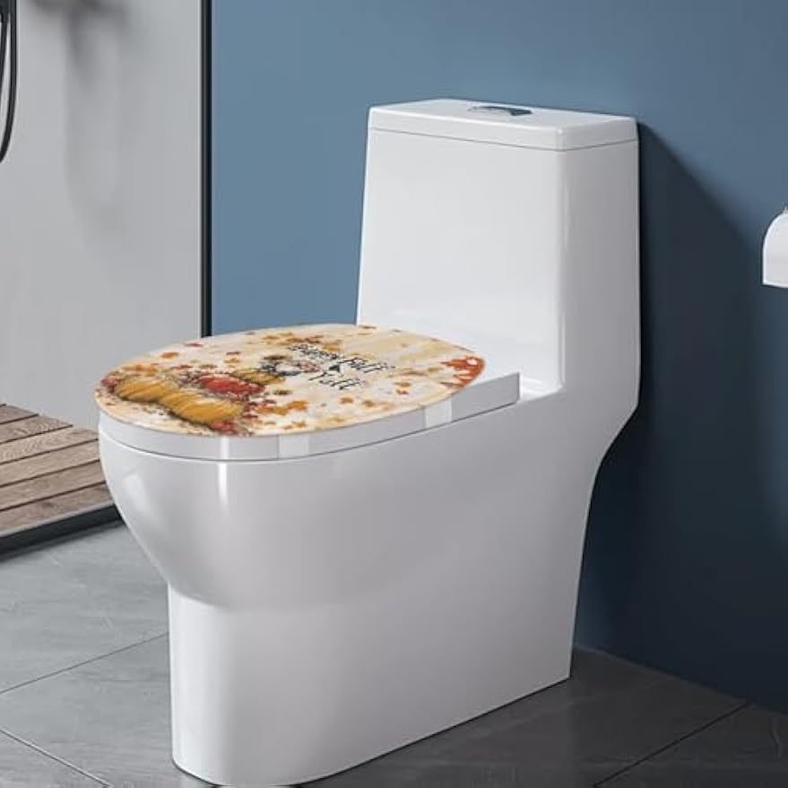 chaqlin Toilet Lid Cover with Elastic Straps and Non-Slip Backing Stays in Place Toilet Seat Lid Cover Fits Most Toilets Bathroom Decoration 17.3'' x 13'', Happy Fall Print