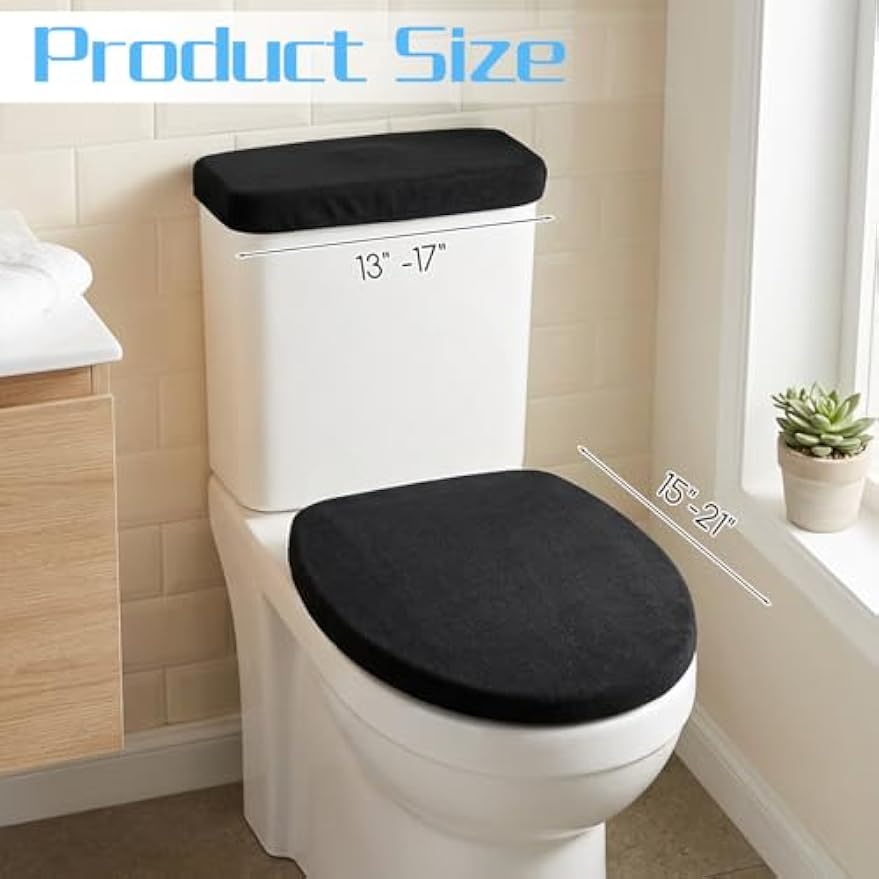 Larrel Black Toilet Lid Cover and Toilet Tank Lid Cover Set, Stretch Washable Polyester Toilet-Seat Covers, Universal Toilet-Cover Set for Most Toilets Tanks & Lids, Bathroom Decor Accessories