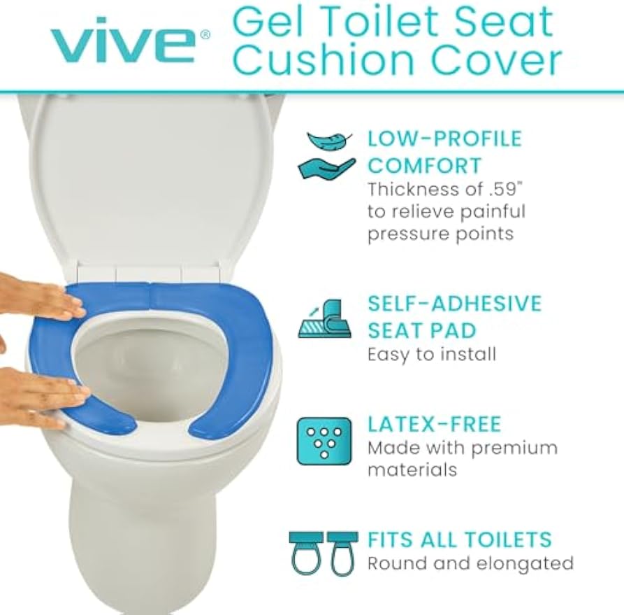 Vive Gel Toilet Seat Cushion Cover - Raised Padded Riser Cushion | Elongated, Standard, and Commode Chairs- Seat Warmer Pressure & Pain Relief Comfort- Adhesive Donut Pad for Elderly, Seniors