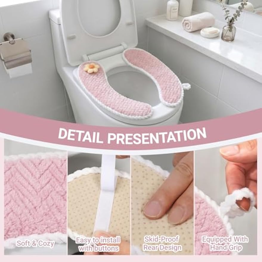 Padded Toilet Seat Warmer Cushion Washable(Pink) | Soft padded toilet seat warmer with handle, washable reusable cushion pad, adhesive backing, universal fit for winter comfort