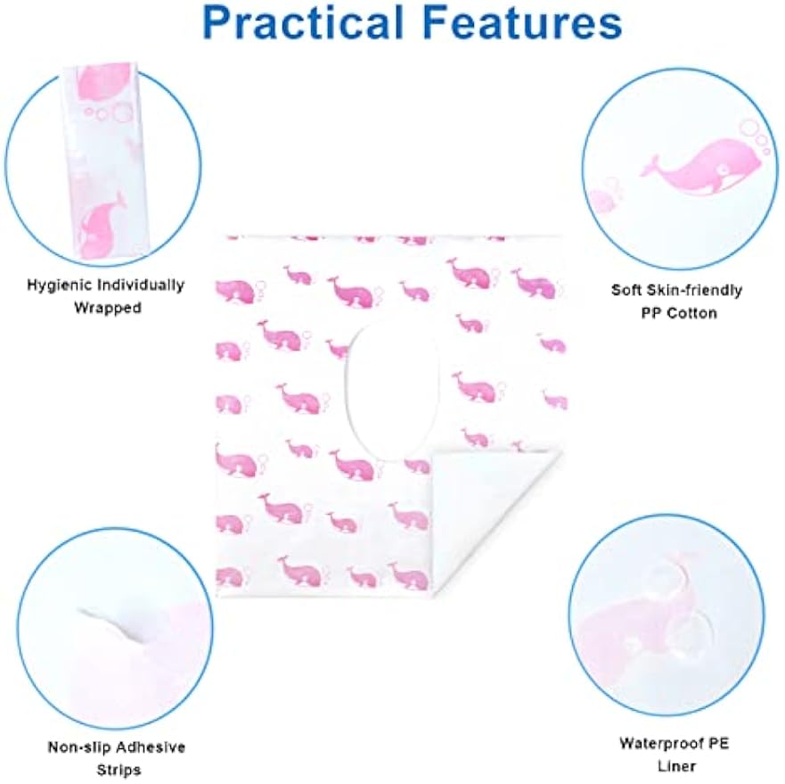 21 Pack Toilet Seat Covers Disposable, Extra Large Potty Training Liners | Individually Wrapped, w/ Non-Slip Adhesives, Non-Flushable, for Kids, Toddlers, Adults, Home, Restrooms, Travel - Pink