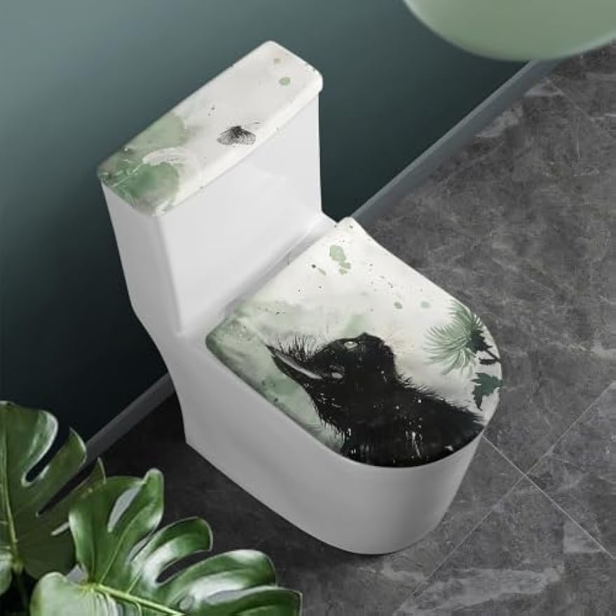 Set of 2 Cat Print Toilet Lid Tank Cover Soft Plush Set gray black