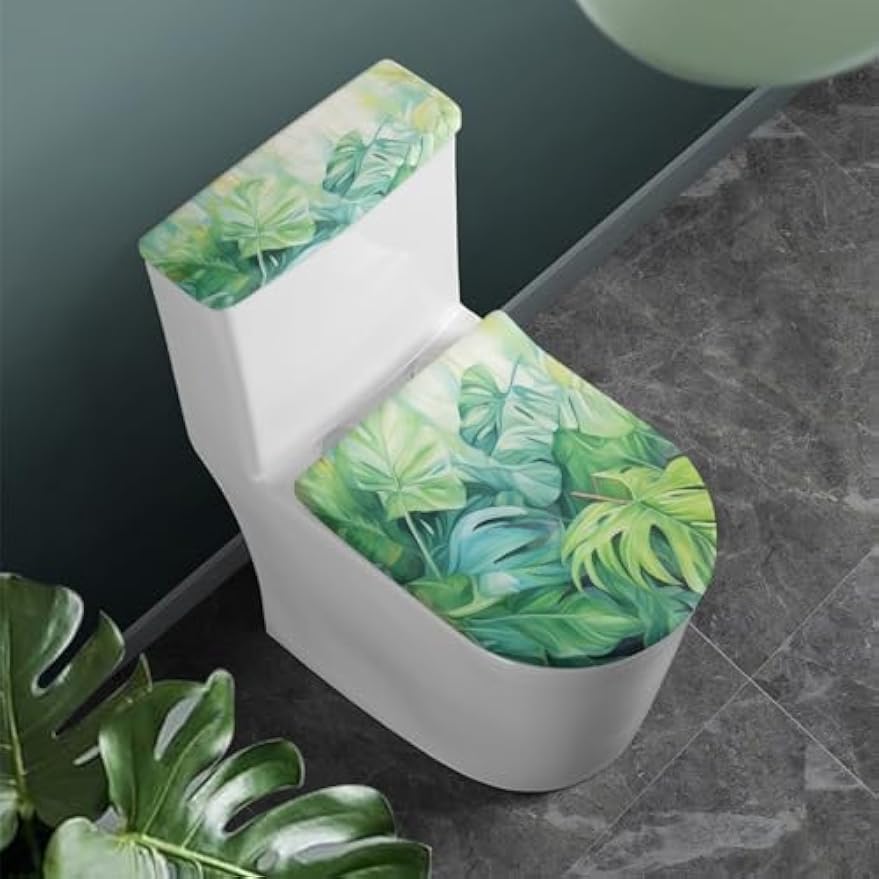 GLENLCWE Green Palm Toilet Cover and Tank Lid Protector,Soft 2-Piece Toilet Cover Cover Set,Durable Protective Cover with Elastic Edge