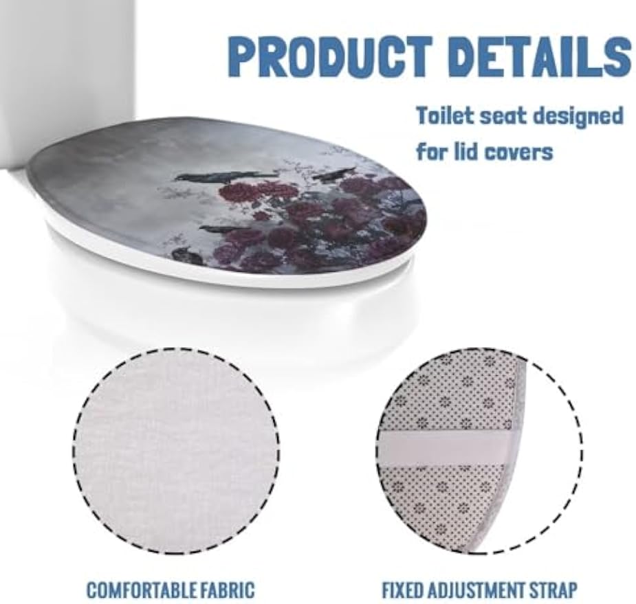 Toilet Lid Cover for Bathroom Water Absorbent Toilet Lid Protector Fits Most Sizes Standard, Round, Elongated and Oblong Lids, Gothic Crow Rose Gray