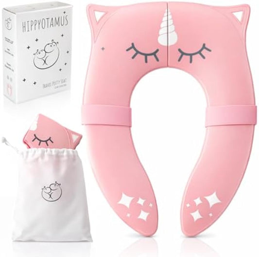 Hippypotamus Travel Potty Seat for Toddler - No-Pinch Folding Potty Training Seat - Non-Slip Silicone Grips - Includes Free Travel Bag (PINK Unicorn)