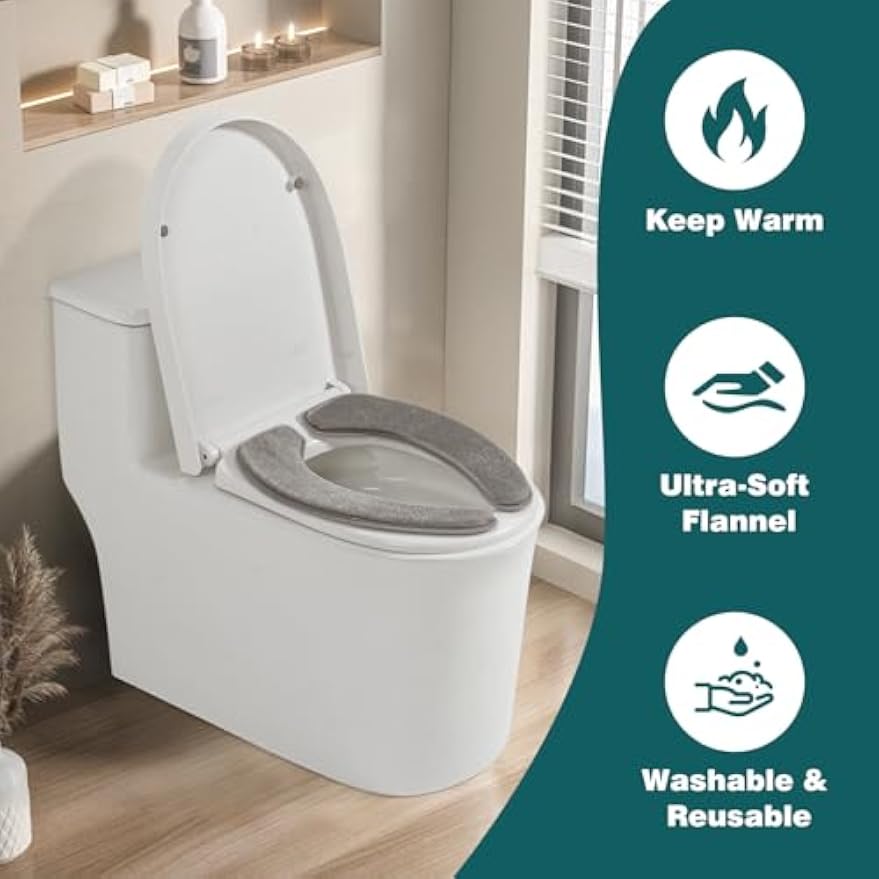 Toilet Seat Cover with Memory Foam, Toilet Seat Cushion for Bathroom | Soft Flannel, Non-Slip, Thicker Warmer Washable, Self-Adhesive Reusable, Fits Most Round, Oval and Elongated Toilet Seat