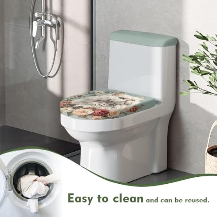 Set of 2 Cute Cat Velvet Toilet Lid Tank Cover Soft Decor Beige Brown
