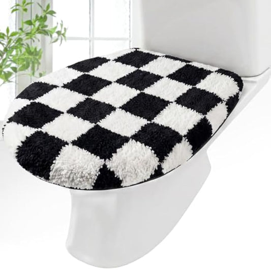 HunnmingRe Checkered Bathroom Toilet Lid Cover Soft Microfiber Toilet Top Cover 17.5" x 15" Washable Aesthetic Bathroom Decor Fits Most Round, Elongated and Oblong Lids, Machine Washable(Black White)
