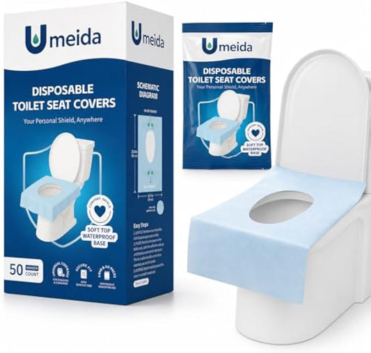 50 Count Disposable Toilet Seat Covers, XL Waterproof Travel Pack, Center Strip Stays Attached, Adhesive Tabs, Individually Wrapped for Public Restrooms, Airplane, Kids and Adults