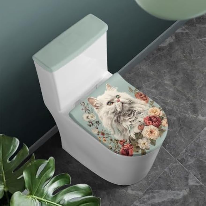 Set of 2 Cute Cat Velvet Toilet Lid Tank Cover Soft Decor Beige Brown