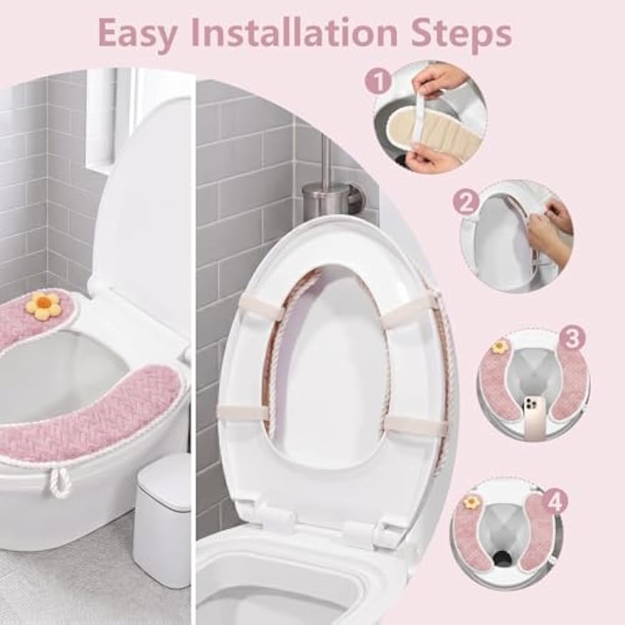 Padded Toilet Seat Warmer Cushion Washable(Pink) | Soft padded toilet seat warmer with handle, washable reusable cushion pad, adhesive backing, universal fit for winter comfort