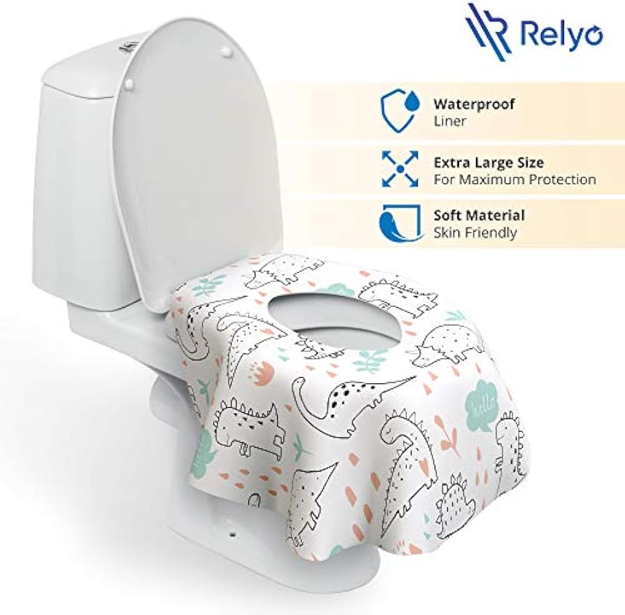 Relyo Disposable Toilet Seat Cover for Travel – 20 Pack with Covers Wrapped in Sets of 2, Non-Flushable Liners, Fits Most Seats – Kids, Toddlers, Adults (Dinosaurs, 20)