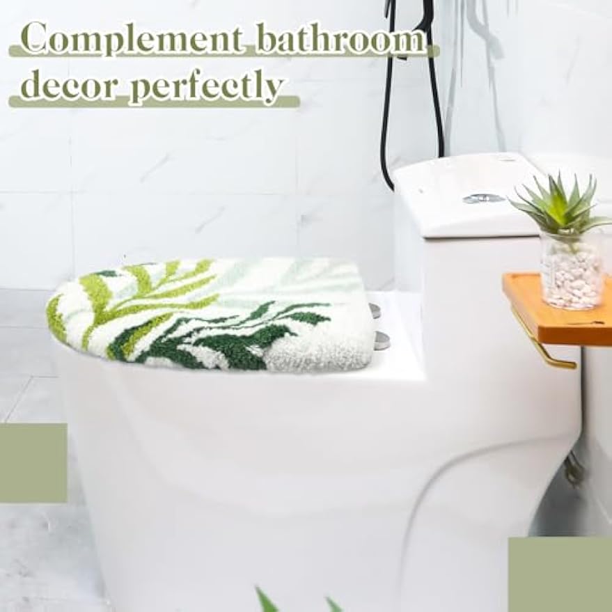 Mindsoft Green Toilet Seat Lid Cover, Microfiber Washable 17.5"x15" | Soft Plush Tufted, Rubber Backing Fits Round Elongated Oblong Lids, Machine Washable Non-slip, Bathroom Toilet Bowl