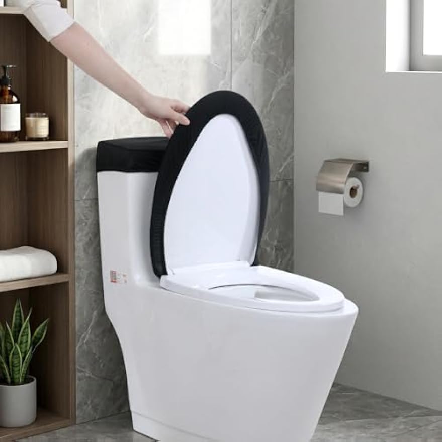 Larrel Black Toilet Lid Cover and Toilet Tank Lid Cover Set, Stretch Washable Polyester Toilet-Seat Covers, Universal Toilet-Cover Set for Most Toilets Tanks & Lids, Bathroom Decor Accessories