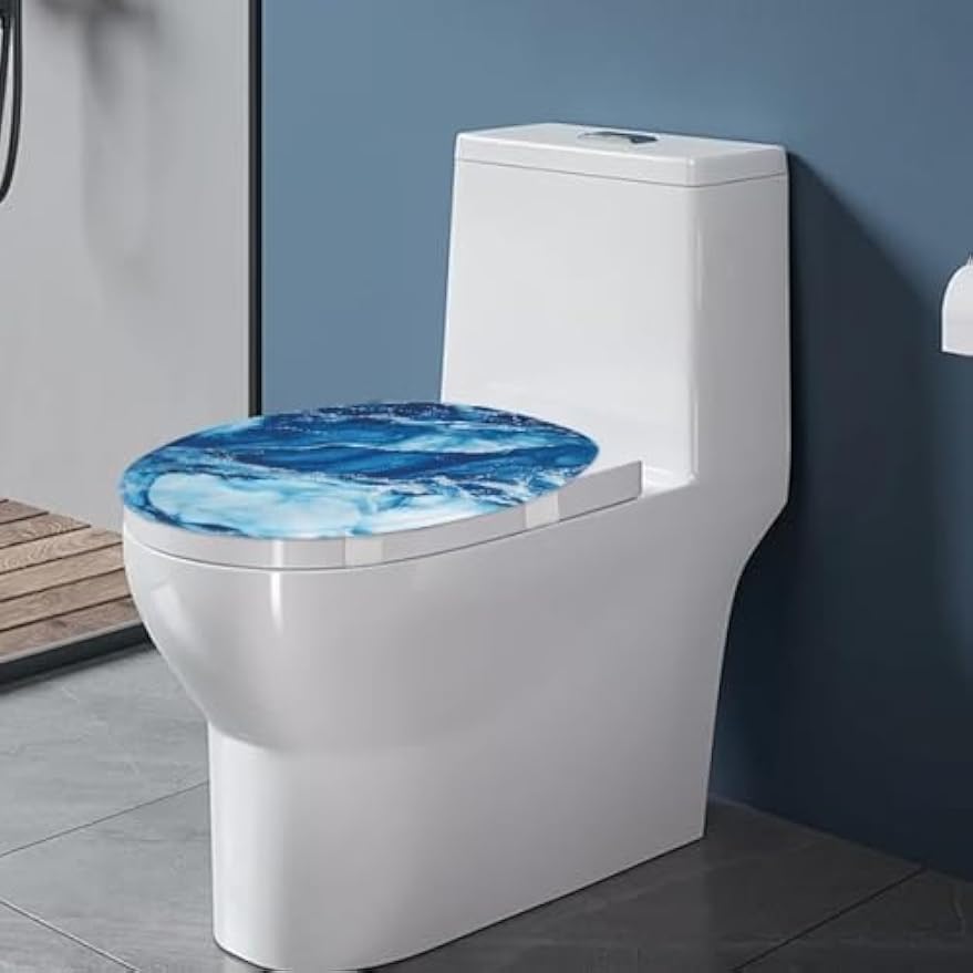 chaqlin Toilet Lid Cover Blue Marble Absorbent Flannel Oval Toilet Seat Covers for Bathroom, Washable Accessories Decor, Stretchable