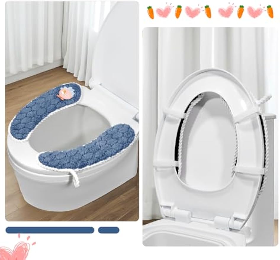 Toilet Seat Cover Bathroom Toilet Seat Cushion Toilet Seat Warmer with Handle, Washable and Reusable Toilet Seat Pads for Winter, Fits All Toilet Seats, 2 Pairs, Blue