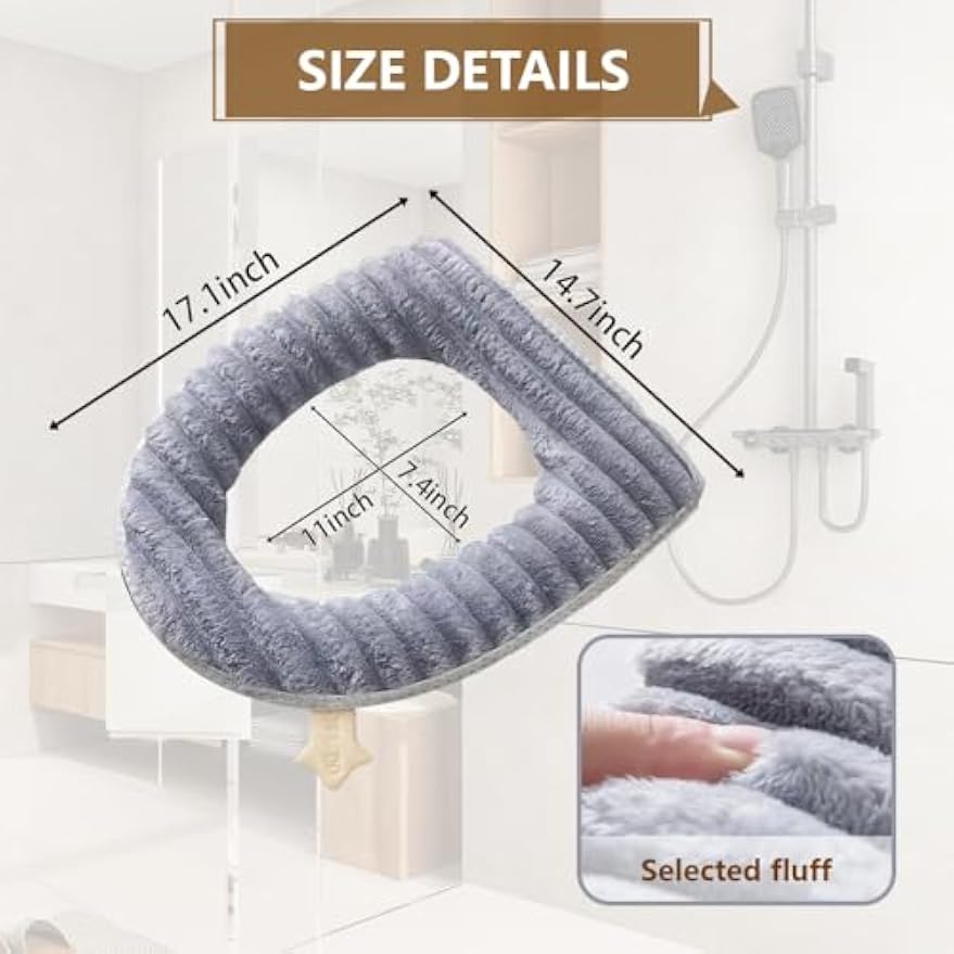 Toilet Seat Warmer Cover,Bathroom Soft Thicker Warmer with Zipper Snaps Fixed Stretchable Washable Fiber Cloth Toilet Seat Covers Pads Easy Installation& Cleaning (Gray)