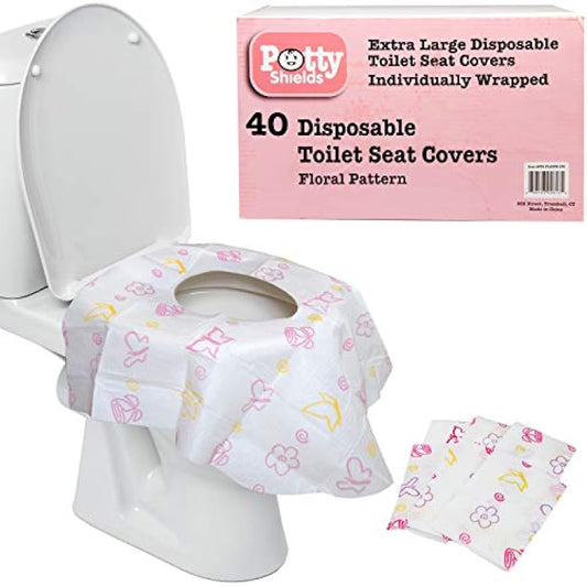 Potty Shields Waterproof Disposable Toilet Seat Covers, Floral 40 Pack | XL Toilet Covers for Toddlers, Kids & Adults, Portable & Individually Wrapped for Travel, Potty Training, & Public Restrooms