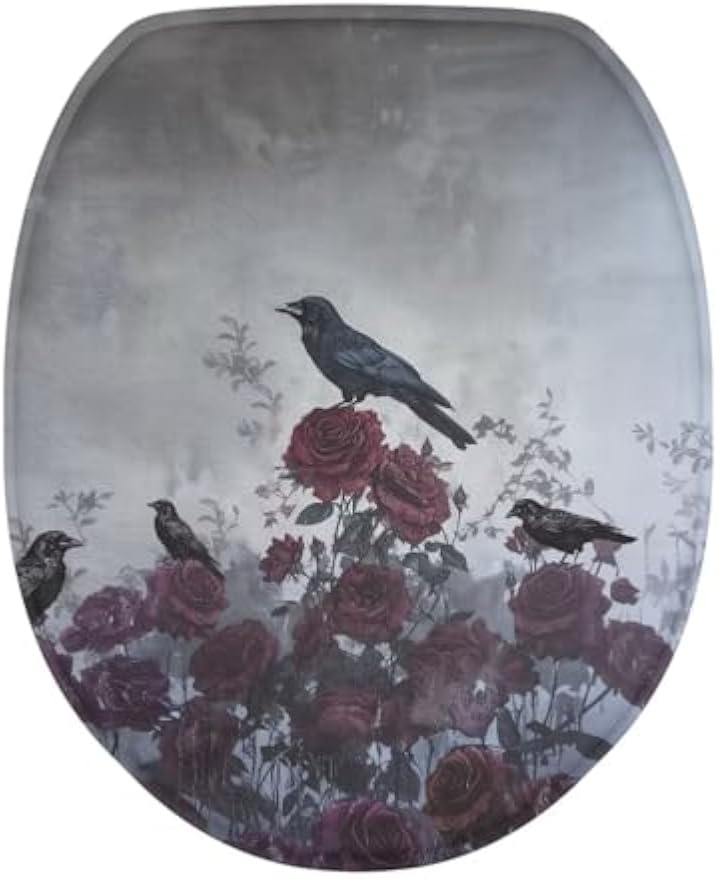 Toilet Lid Cover for Bathroom Water Absorbent Toilet Lid Protector Fits Most Sizes Standard, Round, Elongated and Oblong Lids, Gothic Crow Rose Gray
