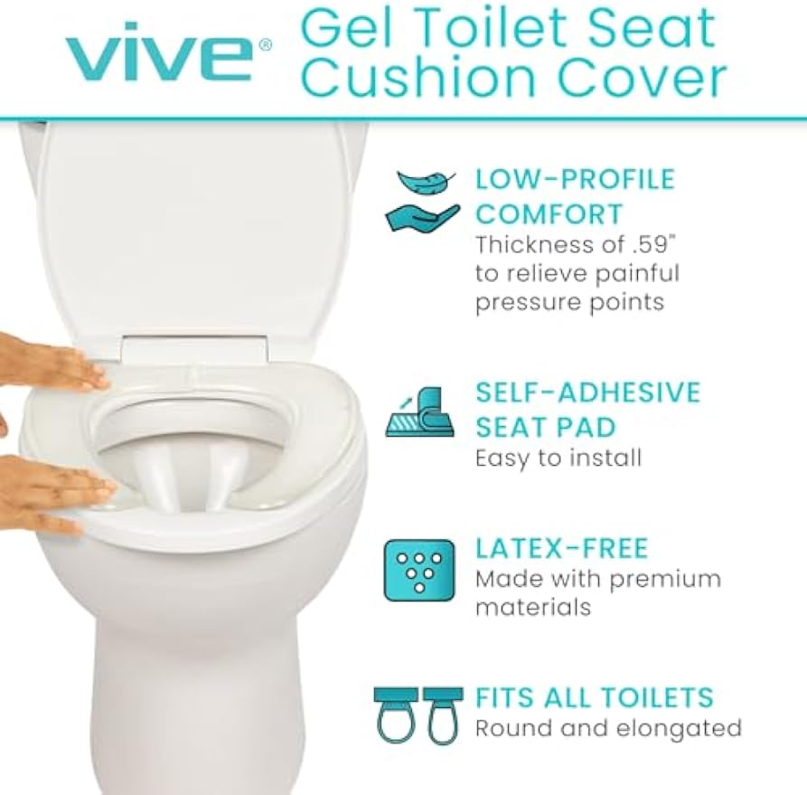 Vive Gel Toilet Seat Cushion Cover - Raised Padded Riser Cushion for Elongated, Standard, and Commode Chairs- Seat Warmer Pressure & Pain Relief Comfort- Adhesive Donut Pad for Elderly, Seniors