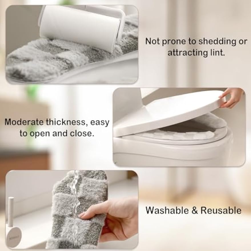 Thick and Warm Plush Toilet Seat Cover – Washable, Reusable Cushion with TPR Adhesive & Checkered Pattern for Comfort & Insulation (White)