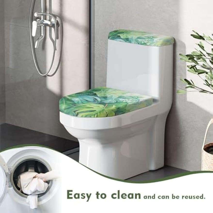 GLENLCWE Green Palm Toilet Cover and Tank Lid Protector,Soft 2-Piece Toilet Cover Cover Set,Durable Protective Cover with Elastic Edge