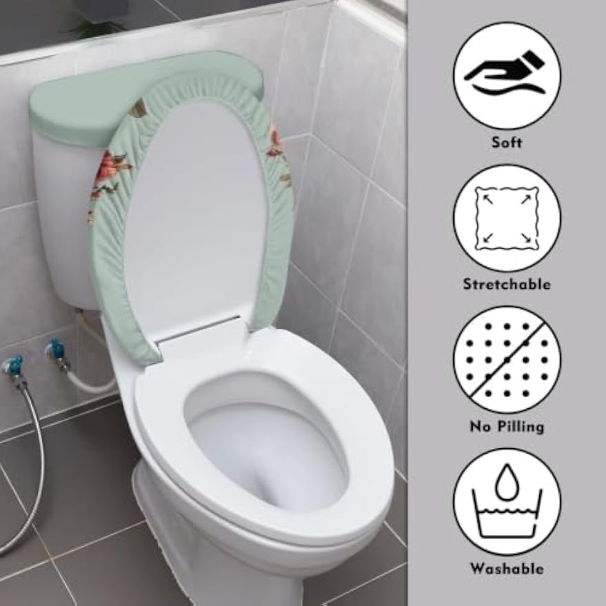 Set of 2 Cute Cat Velvet Toilet Lid Tank Cover Soft Decor Beige Brown
