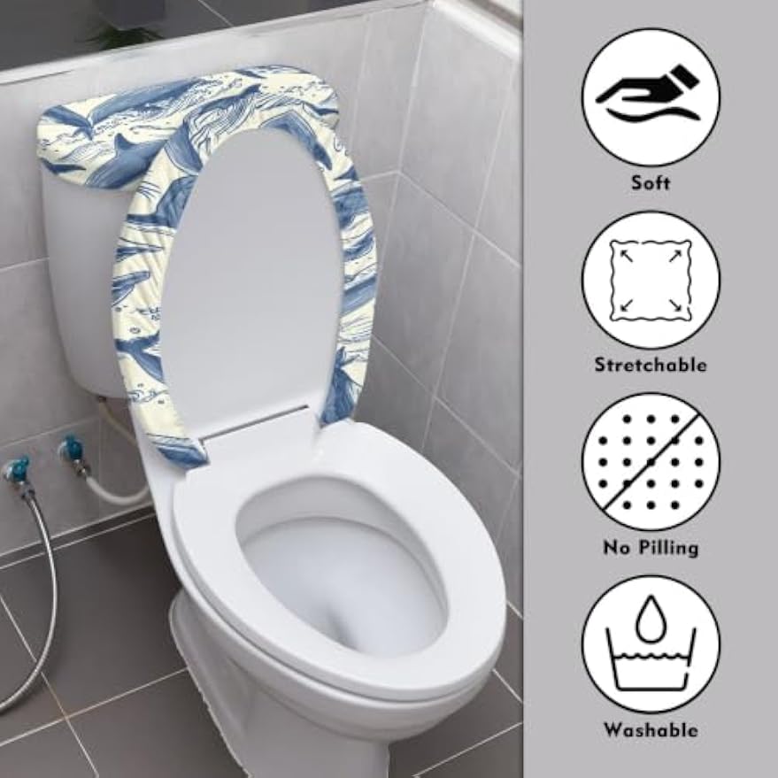 Set of 2 Japanese Waves Fish Toilet Lid Tank Cover Plush Navy White