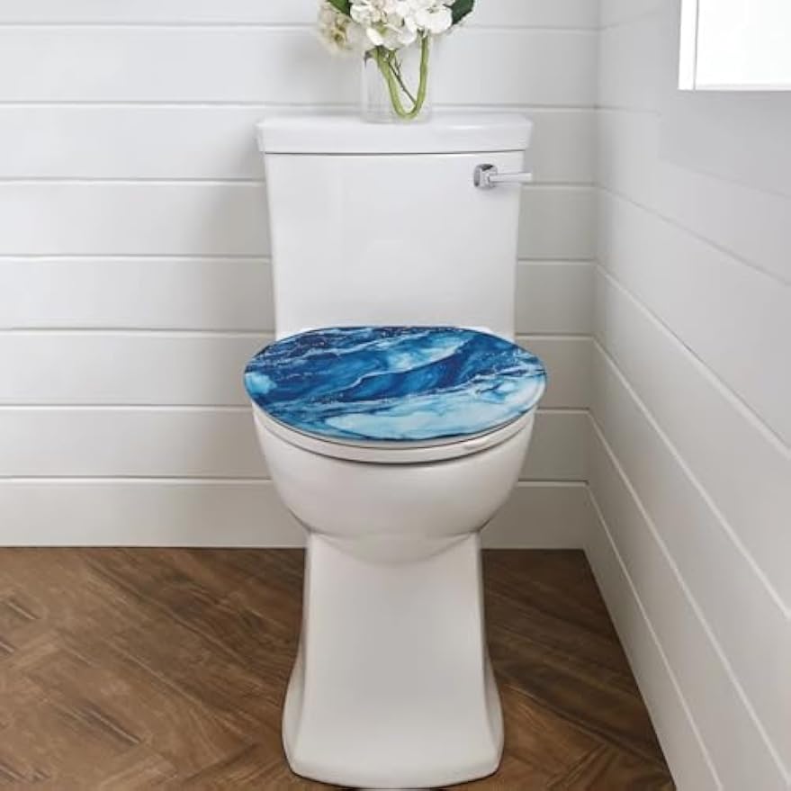chaqlin Toilet Lid Cover Blue Marble Absorbent Flannel Oval Toilet Seat Covers for Bathroom, Washable Accessories Decor, Stretchable