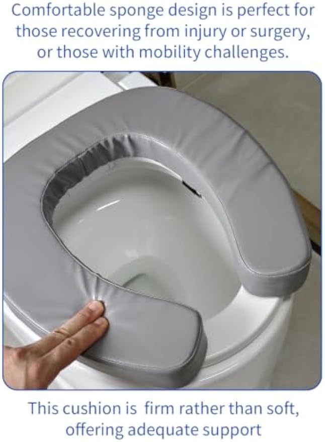 Padded Toilet Seat Cushion with 2-Inch High-Density Foam & Waterproof PU Fabric, U-Shape Padded Toilet Cushion - Secure Hook & Loop Tape, Fits Standard Toilets (Grey)