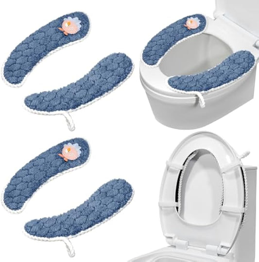 Toilet Seat Cover Bathroom Toilet Seat Cushion Toilet Seat Warmer with Handle, Washable and Reusable Toilet Seat Pads for Winter, Fits All Toilet Seats, 2 Pairs, Blue
