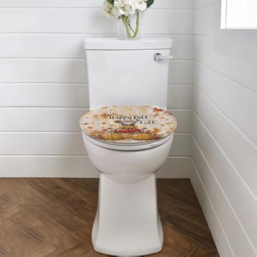 chaqlin Toilet Lid Cover with Elastic Straps and Non-Slip Backing Stays in Place Toilet Seat Lid Cover Fits Most Toilets Bathroom Decoration 17.3'' x 13'', Happy Fall Print